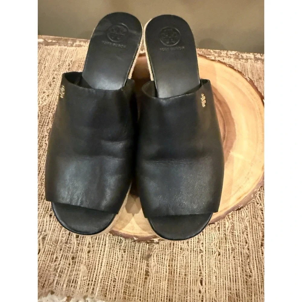 TORY BURCH Landon Espadrille‎ Black Leather Wedge Sandals Shoes Size 8M  $295